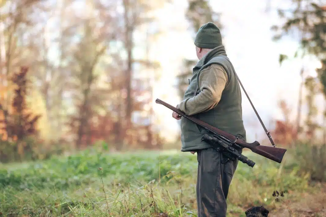 A man with a hunting weapon standing in grass and looking in to the forest