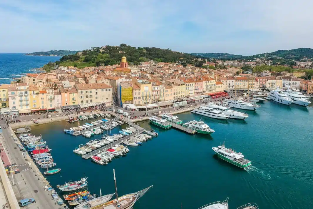 Panorama of Saint Tropez, Cote d'Azur, France, South Europe. Nice city and luxury resort of French riviera. Famous tourist destination with nice beach on Mediterranean sea