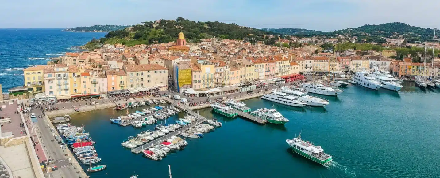 Panorama of Saint Tropez, Cote d'Azur, France, South Europe. Nice city and luxury resort of French riviera. Famous tourist destination with nice beach on Mediterranean sea