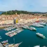 Panorama of Saint Tropez, Cote d'Azur, France, South Europe. Nice city and luxury resort of French riviera. Famous tourist destination with nice beach on Mediterranean sea