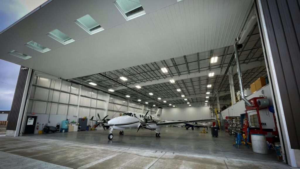 Turboprop aircraft in a hangar