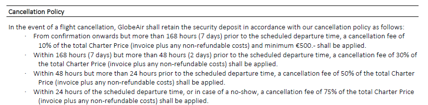 Example of a private jet charter cancellation policy contract with fee structure