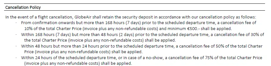 Example of a private jet charter cancellation policy contract with fee structure
